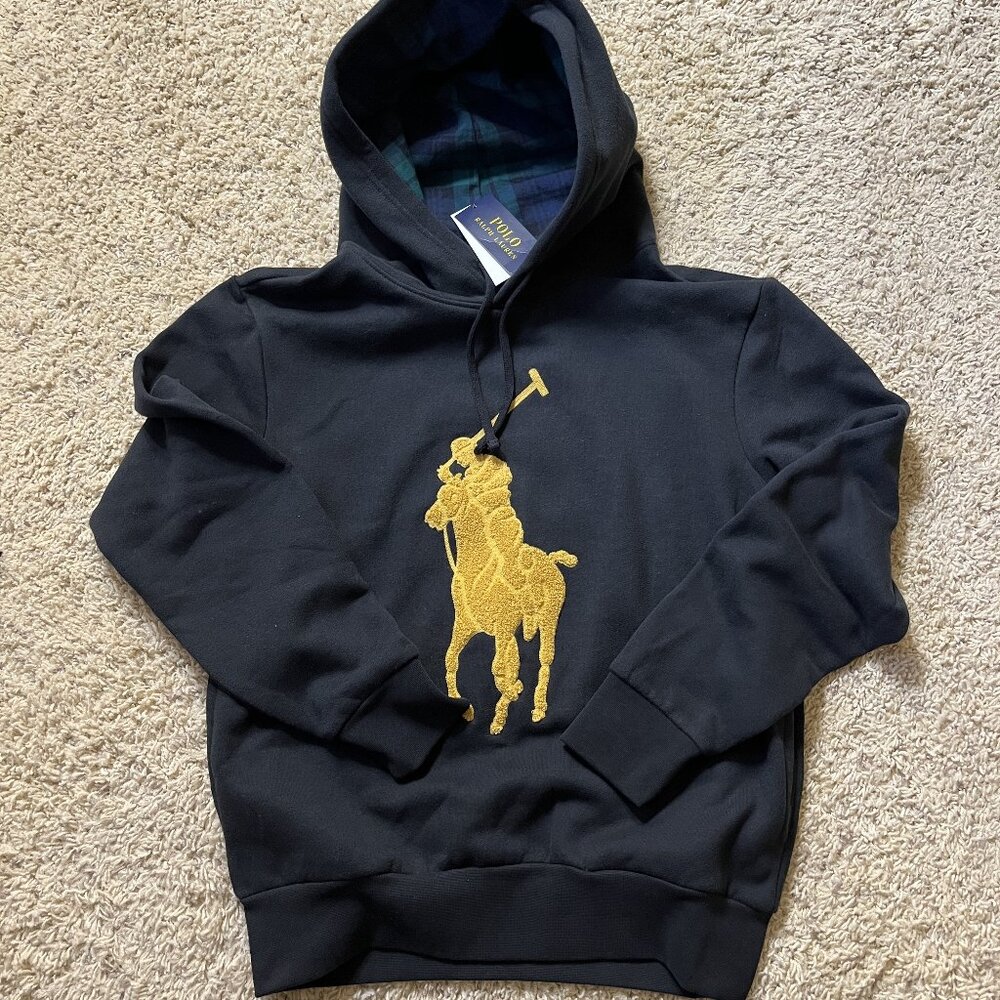 NWT Polo Ralph Lauren Gold Chenille Big Pony Fleece Hoodie Sweatshirt Size S